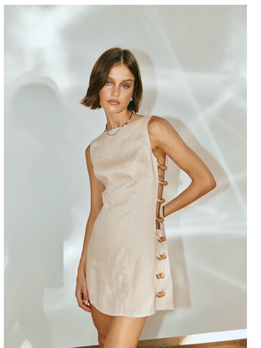 Sleeveless Side-Button Mini Dress in Beige